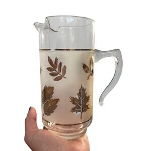 Vintage Libbey Frosted Glass Gold Leaves Pitcher Small MCM Juice Barware